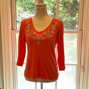 Orange Embroidered Flower Cotton Top